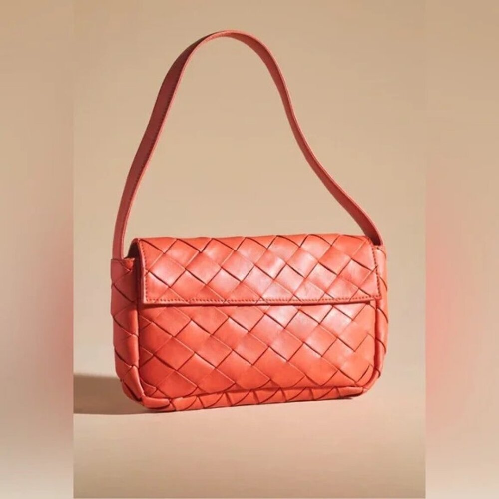 Anthropologie Woven LEATHER Shoulder Bag neutral orange small magnetic snap EUC